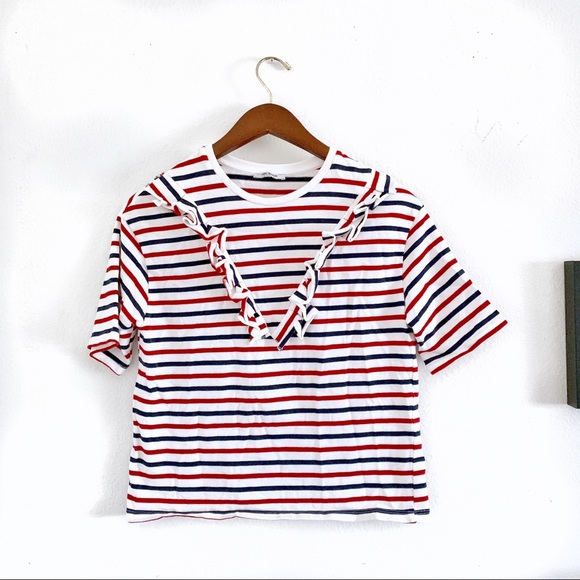Zara Tops - Zara Red and Navy Striped White Trafaluc Shirt